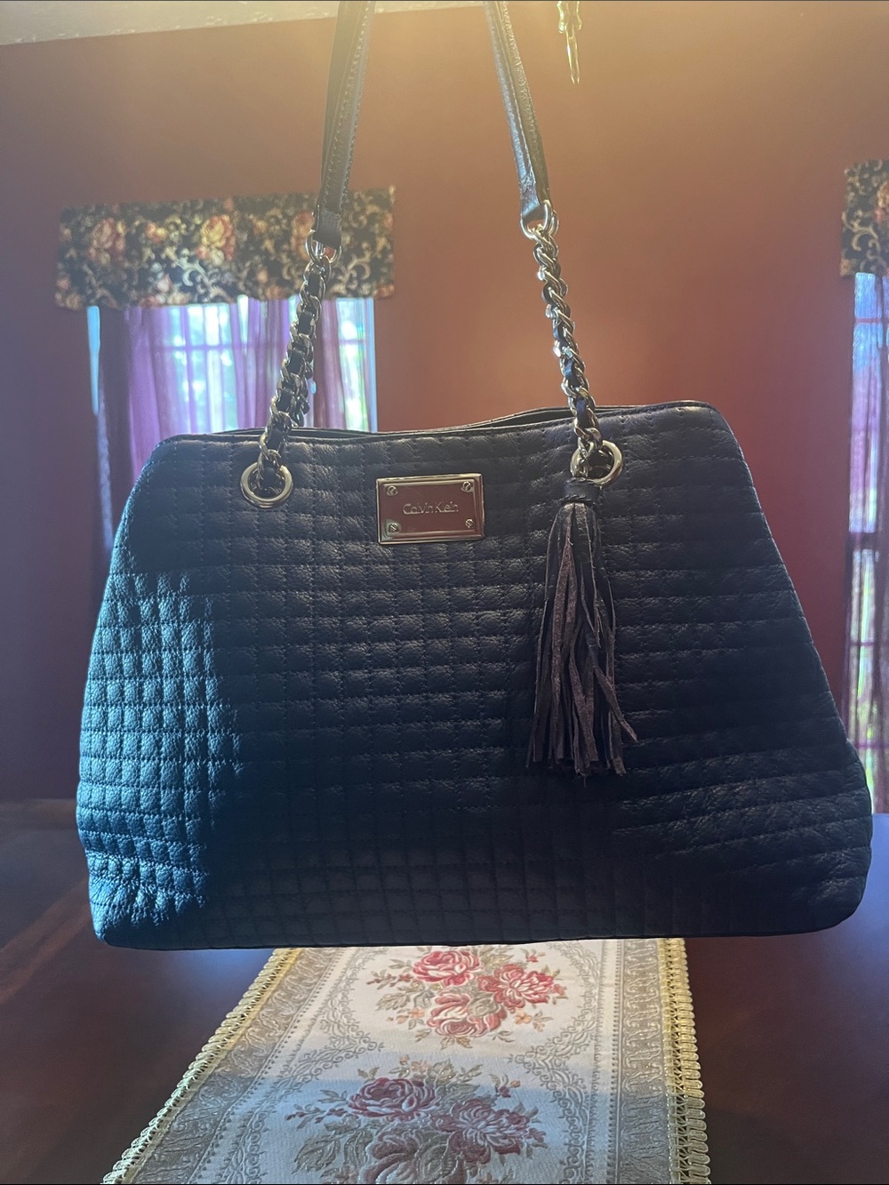 Calvin Klein Black Quilted Shoulder Bag with Tassel Accent